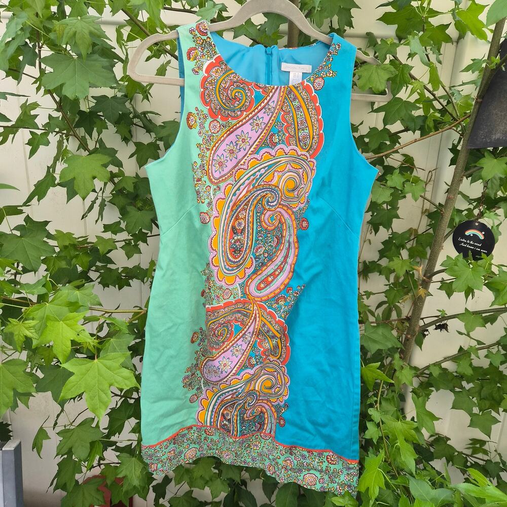 London Times Womens Paisley Sheath Dress Sleeveless Cotton Sateen Blue - Sz 8